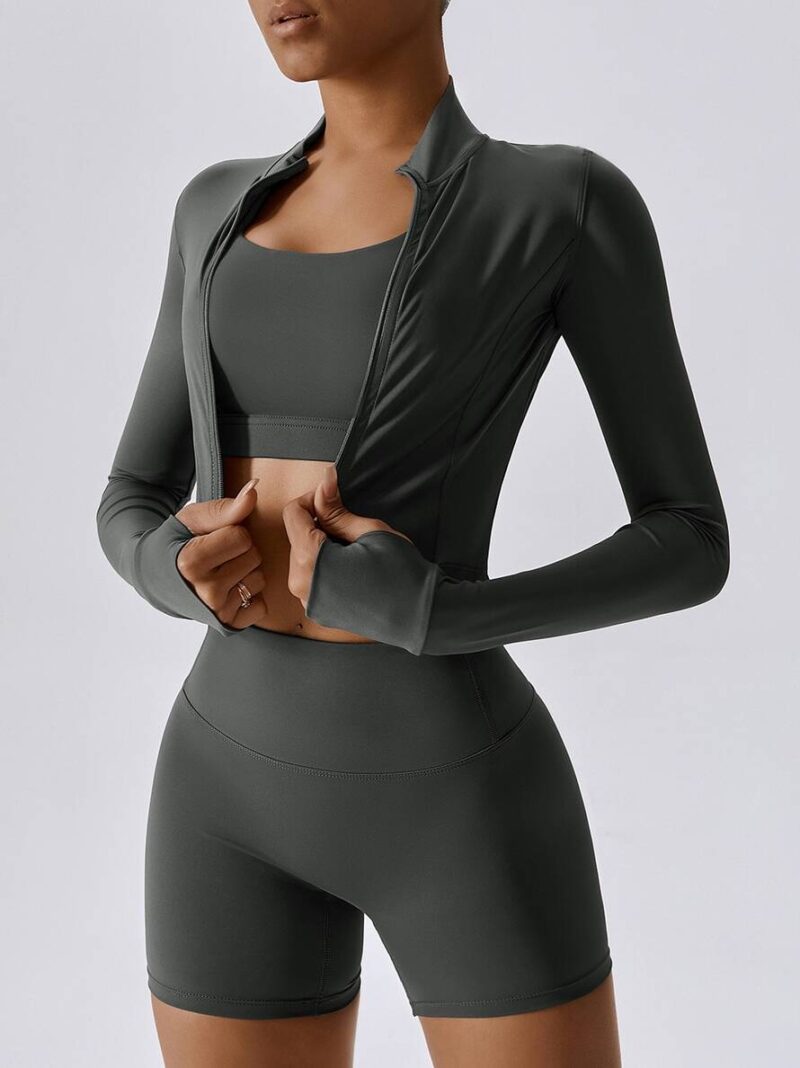 Get Ready to Play: 3-Piece Set of a Sporty Jacket, High-Waisted Shorts & Supportive Sports Bra