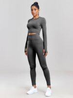 Look Fabulous in this Two-Piece Set! O-Neck Long Sleeve Crop Top & Sexy Scrunch Butt Leggings - Perfect for Any Occasion.