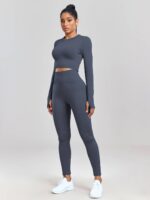 Look Stylish & Feel Fabulous in this 2-Piece Set! O-Neck Long Sleeve Crop Top & Scrunch Butt Leggings - Perfect for Any Occasion!