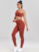 Luxurious Ribbed One Shoulder Strap Sports Bra & High Waist Leggings Set - Feel Sexy & Supportive During Your Workouts!