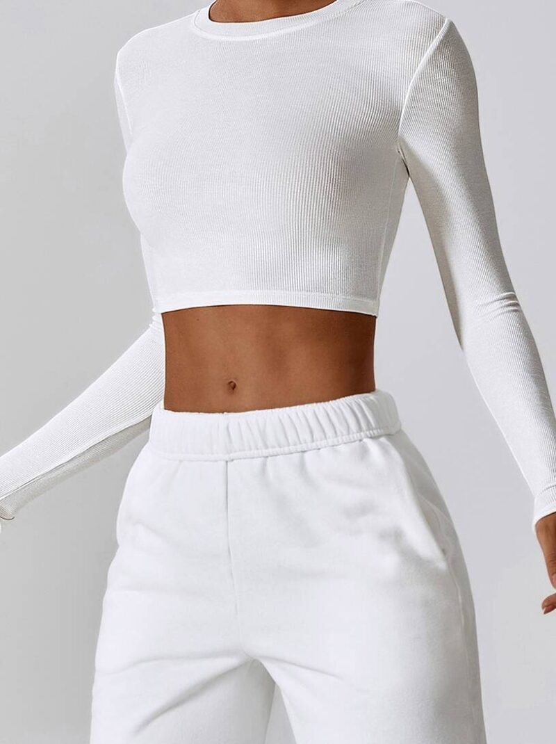 Luxurious Ribbed Stretchy Long Sleeve Cropped Tee - Alluring Breathable Comfort for Every Day
