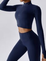 Luxurious Three-Piece Athletic Set: Jacket, Sports Bra & High-Waisted Leggings for a Sensual Workout Look