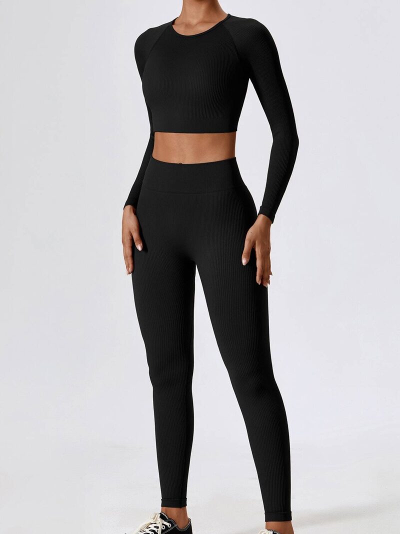 Luxuriously Soft Long-Sleeved Ribbed O-Neck Top & High-Waisted Leggings Set - Perfectly Tailored for Comfort & Style