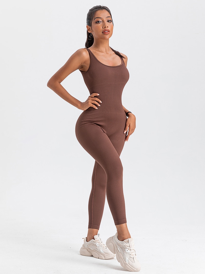 Luxuriously Soft Sleeveless Ribbed Ankle-Length Yoga Jumpsuit - Perfect for Flowing Movements & Relaxing Comfort