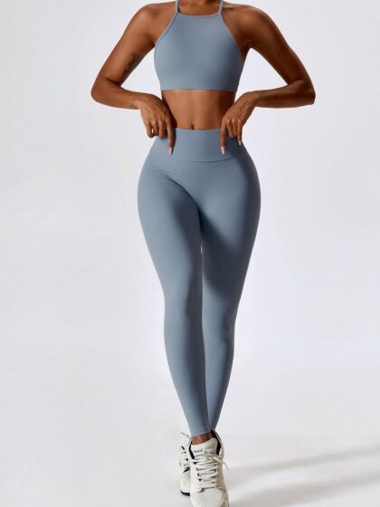 Power Up Your Workouts with This Sexy Strappy Back Sports Bra & High Waisted Scrunch Butt Leggings Outfit Set!