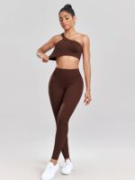 Sassy Sporty Style: Ribbed One Shoulder Strap Bra & High Waisted Leggings Set - Perfect for Working Out & Lounging Around!
