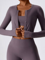 Seductive Long-Sleeve O-Neck Button-Up Cropped Top - Perfect for Flaunting Your Assets!