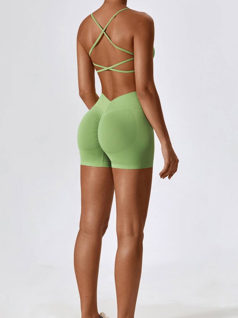 Seductively Sexy Cross-Back Backless Sports Bra & High Waisted Scrunchy Booty Shorts - Athletic Exercise Ensemble