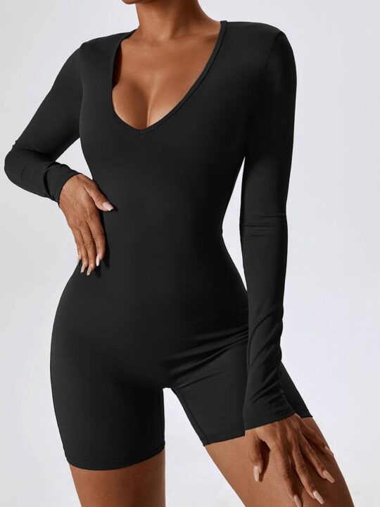 

Sensual Long Sleeve Deep V-Neck Yoga Jumpsuit - Stretchy & Stylish Comfort for Yoga & Beyond!