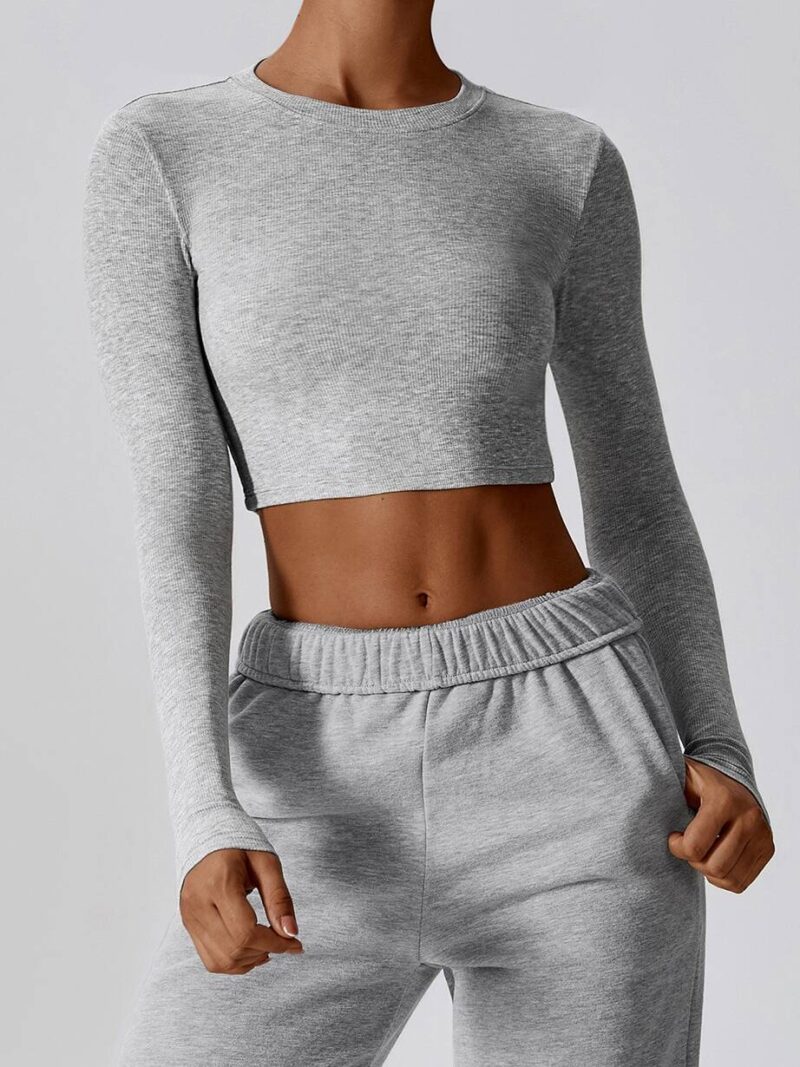 Sensual Ribbed Long Sleeve Breathable Crop Top Tee - Soft and Stretchy Comfort for All Day Wear