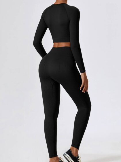 Sensual Stretchy Long-Sleeved Ribbed O-Neck Top & High-Waisted Leggings Set for Women - Perfect for Everyday Comfort & Style
