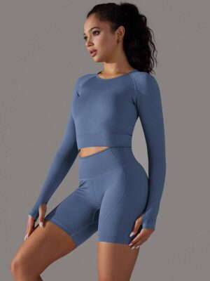 Sensual U-Neck Long Sleeved Cropped Top & High Waisted Yoga Shorts Set for Women - Stretchy & Comfortable Workout Outfit - Perfect for Yoga, Pilates, Gym & More!