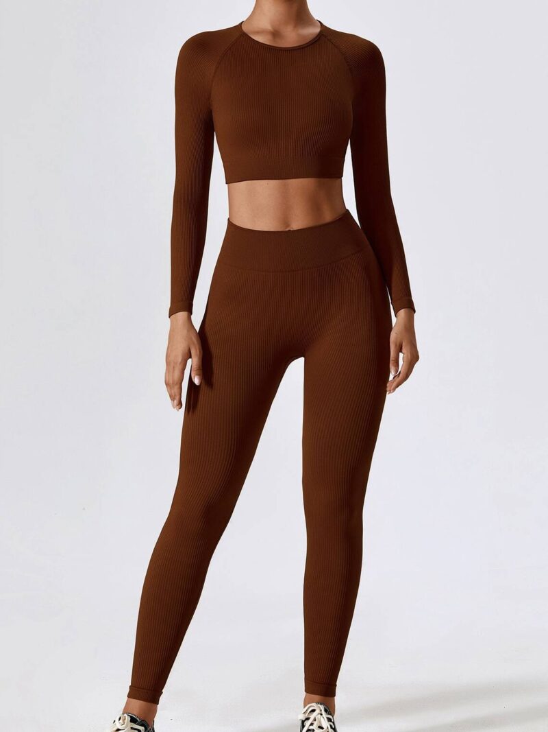 Sensuous Long-Sleeved Ribbed O-Neck Top & High-Waisted Leggings Set - Soft & Stretchy for Maximum Comfort and Style