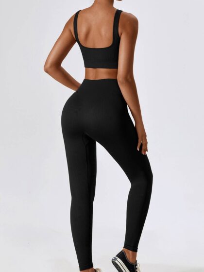 Sexy Ribbed Square Neck Sports Bra & High Waist Leggings Set for Women - Perfect for Yoga, Running & Gym Workouts