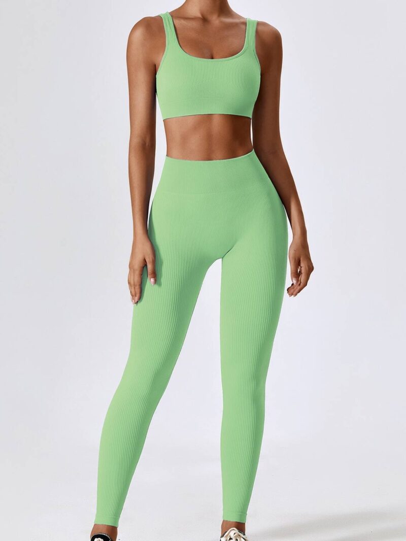 Sexy Ribbed Square Neck Sports Bra & High-Waisted Leggings Set - Perfect for Working Out!