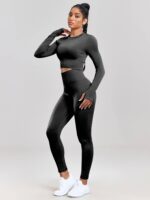 Show Off Your Style with This Trendy Two-Piece Set: O-Neck Long Sleeve Crop Top & Scrunch Butt Leggings for a Flattering Look