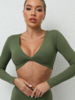 Sizzling Hot Womens Long-Sleeve Yoga Crop Top with Sexy Padded Twist Design