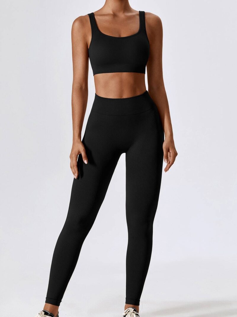 Sports Bra & Leggings Set with Ribbed Square Neckline & High Waistband - Perfect for Working Out!
