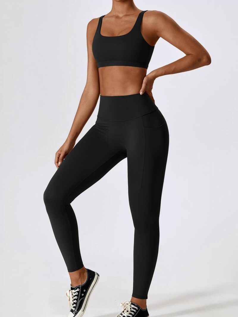 Sporty & Sexy Square Neck Sports Bra & High Waist Pocket Leggings Set - Look Hot While You Work Out!