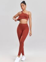 Sporty & Stylish Womens Ribbed One Shoulder Strap Sports Bra & High Waist Leggings Set - Perfect for Working Out & Lounging Around!