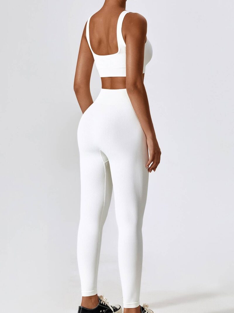 Sporty-Chic Ribbed Square Neck Bra & High-Waisted Leggings Set - Perfect for Working Out or Lounging!
