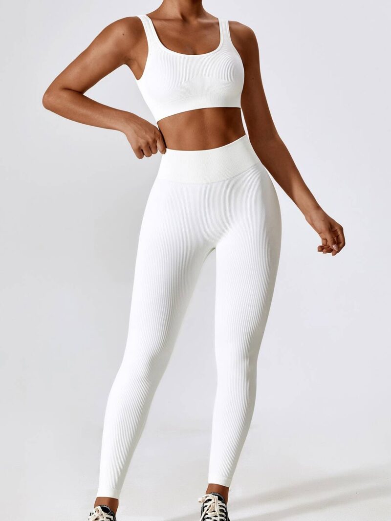 Sporty Ribbed Square Neck Bra & High-Rise Waistband Leggings Outfit Combo
