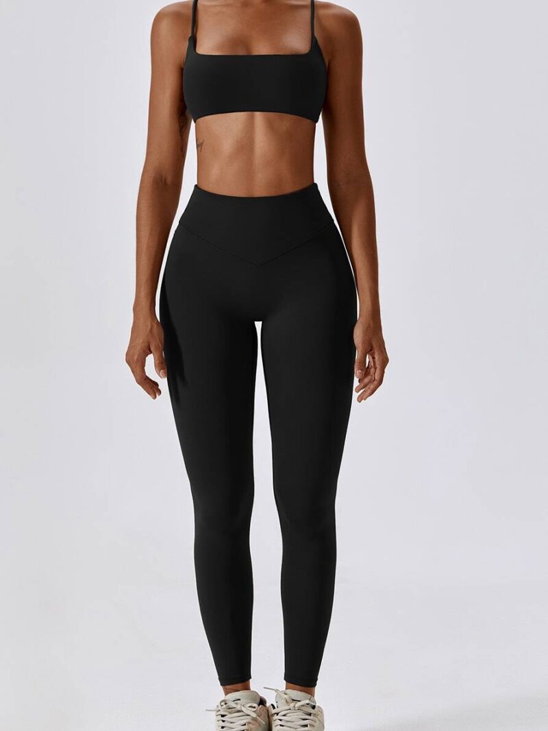 Sporty Spaghetti Strap Bra & High-Waisted Scrunchy Booty Leggings Outfit - Perfect for Working Out or Lounging in Comfort!