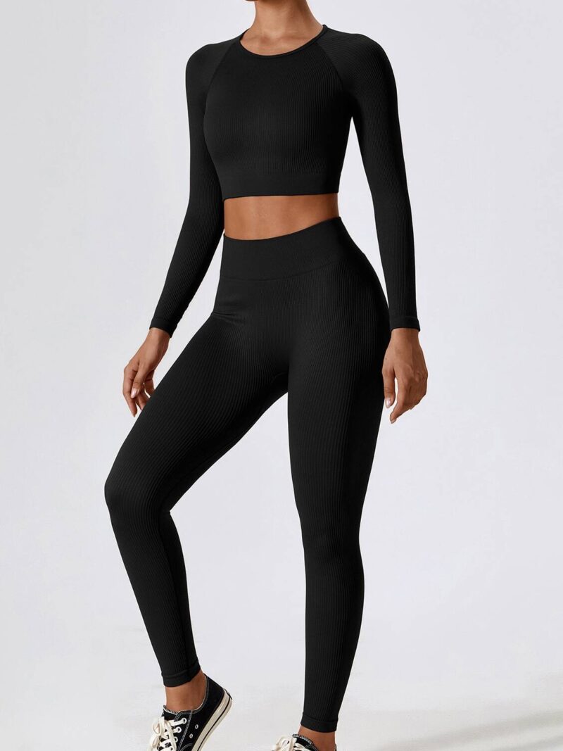 Stay Warm and Stylish: Womens Long-Sleeved Ribbed O-Neck Top and High-Waisted Leggings Set - Perfect for Fall and Winter!