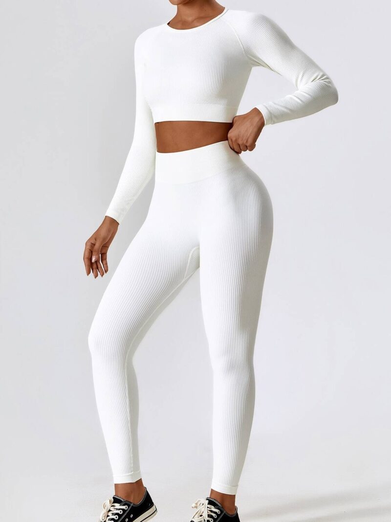 Stylish Womens Long-Sleeved Ribbed O-Neck Top & Flattering High-Waisted Leggings Set - Perfect for Any Occasion!