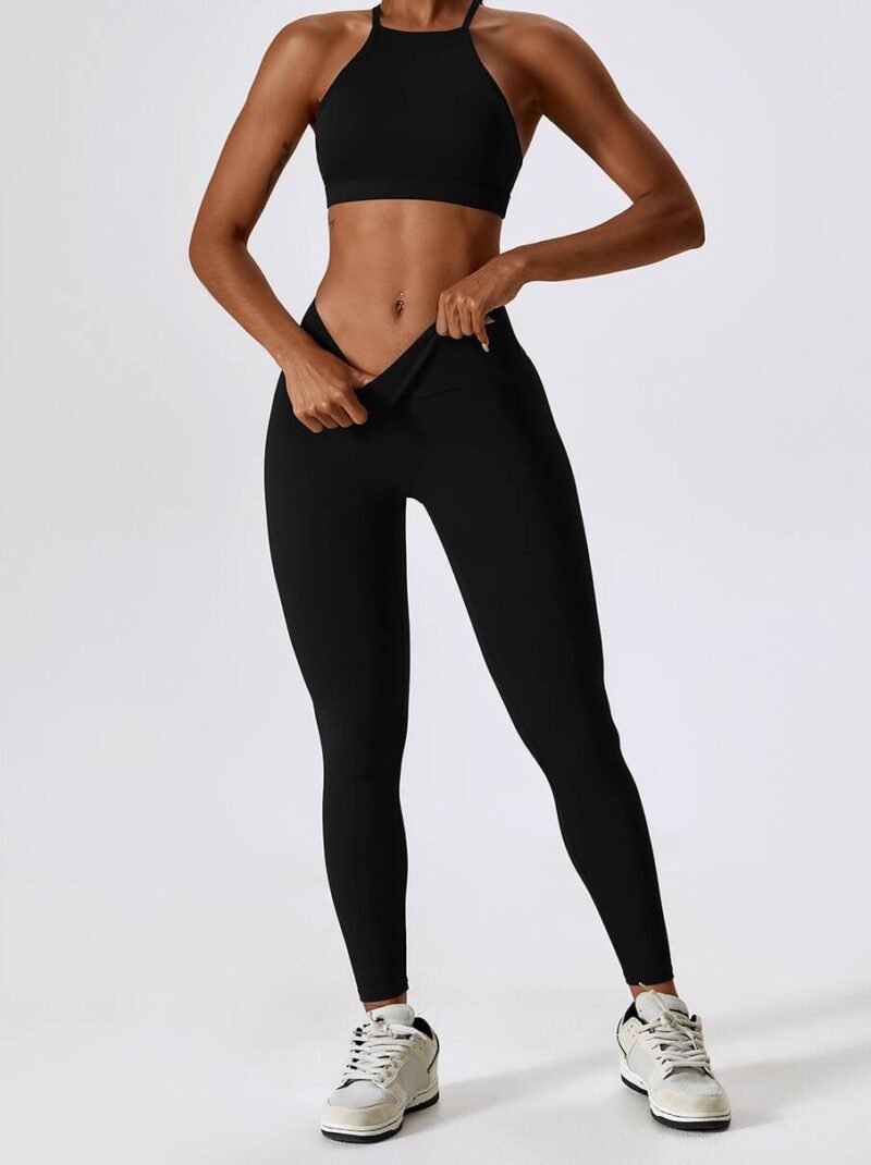 Sweat in Style with this Sexy & Comfy Workout Outfit Set - Strappy Back Sports Bra & High Waist Scrunch Butt Leggings for Women. Perfect for Yoga, Running, Gym & Fitness.