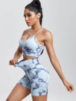 Tie-Dye Spaghetti Strap Sports Bra & Scrunchy Booty Shorts Combo - Vibrant Workout Outfit for Women