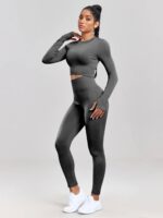 Two-Piece Set: Sexy O-Neck Long Sleeve Crop Top & Booty-Enhancing Scrunch Butt Leggings - Show Off Your Curves!