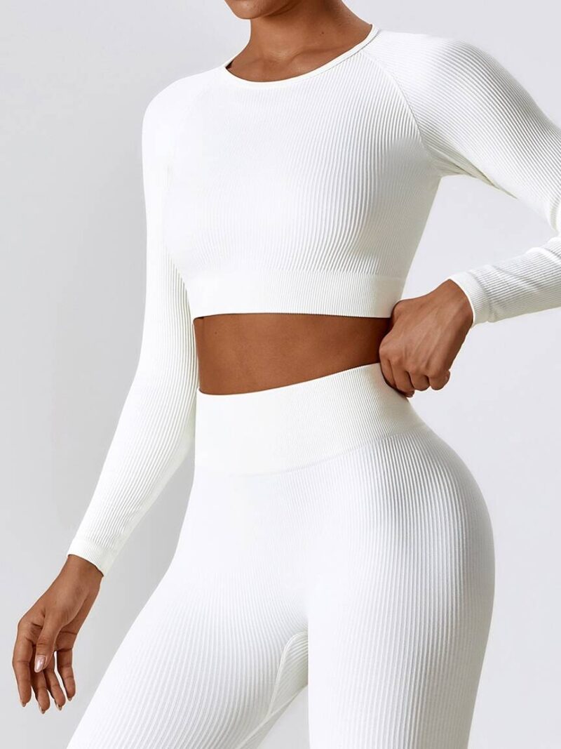 Womens Fashionable Long-Sleeve Cropped Ribbed Sports Top