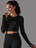 Womens Long-Sleeved Crop Top Yoga Shirt with Thumb Holes - Soft and Stretchy Fabric for Comfort and Mobility - Perfect for Exercise, Running, and Everyday Wear.