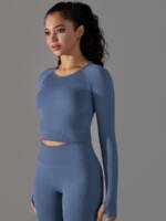 Womens Long-Sleeved Crop Yoga Top with Thumbhole Cuffs - Comfort & Style Combined.