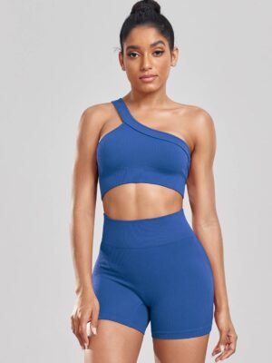 

Womens One Shoulder Ribbed Sports Bra & High Waisted Shorts Set - Sexy & Sporty Activewear for Yoga, Running & Gym Workouts