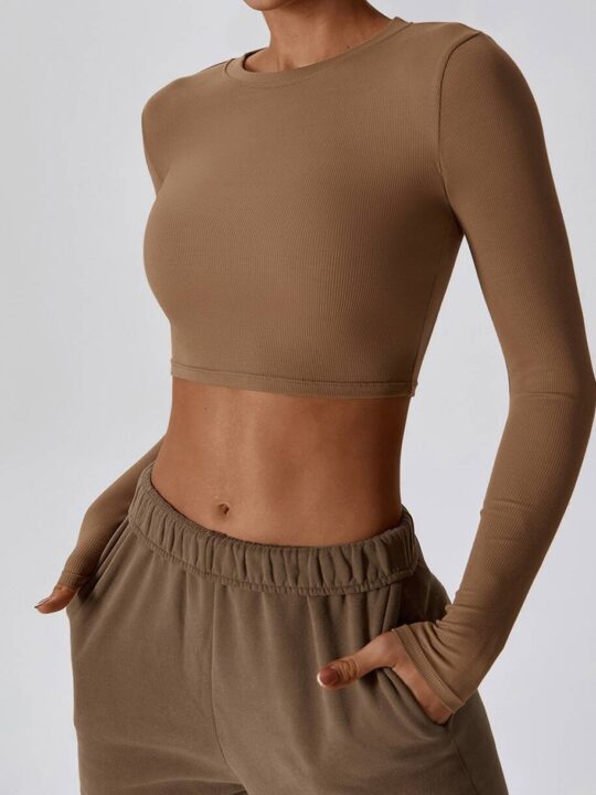 Womens Ribbed, Ultra-Breathable Long Sleeve Cropped T-Shirt - Perfect for the Gym or Everyday Wear!