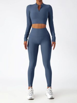 Womens Sexy Zipper Crop Top & High-Waisted Leggings Outfit | Long Sleeve Slim Fit Activewear Set