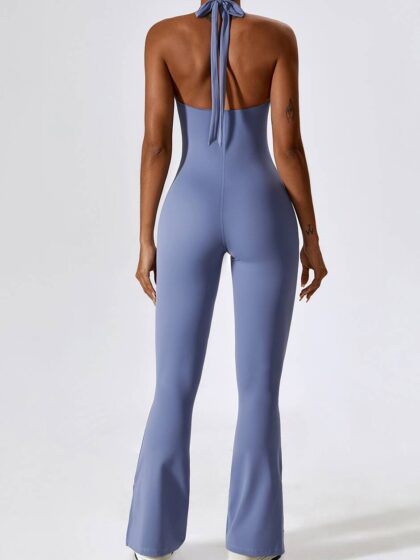 Womens Yoga Jumpsuit with Halter Neck and Flared Legs - Perfect for Working Out or Lounging!
