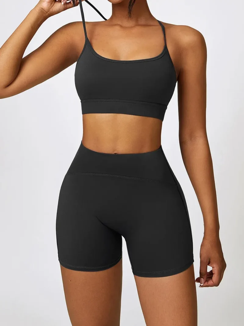 High-Performance Slim Strap Racerback Sports Bra & Comfortable High-Waist Elastic Athletic Shorts Set - Perfect for Working Out & Exercise!