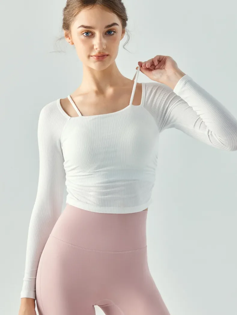 Ladies Ribbed Stretchy Long Sleeve Top with Delicate Shoulder Straps - Perfect for Yoga!