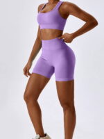Look and Feel Sexy in this Racerback Sports Bra & High-Waist Scrunch Butt Shorts Set - Perfect for Working Out or Lounging Around!