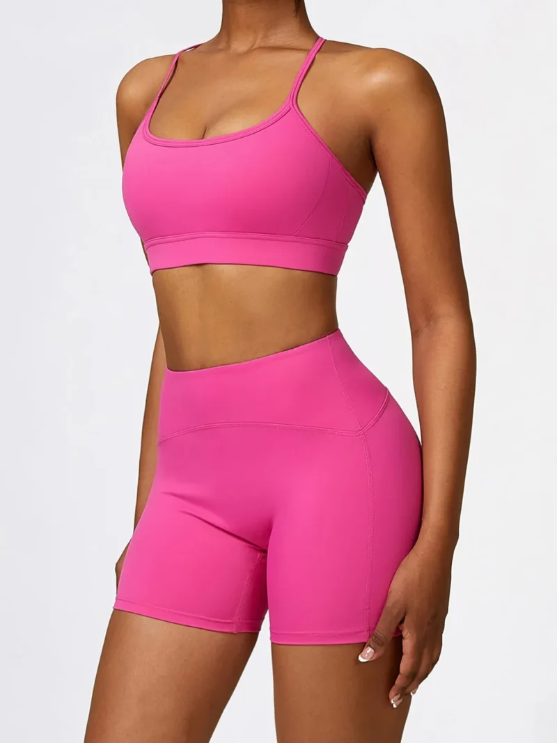 Look and Feel Sexy with Our Slim Strap Racerback Sports Bra and High-Waist Elastic Athletic Shorts - Perfect for Working Out or Lounging!