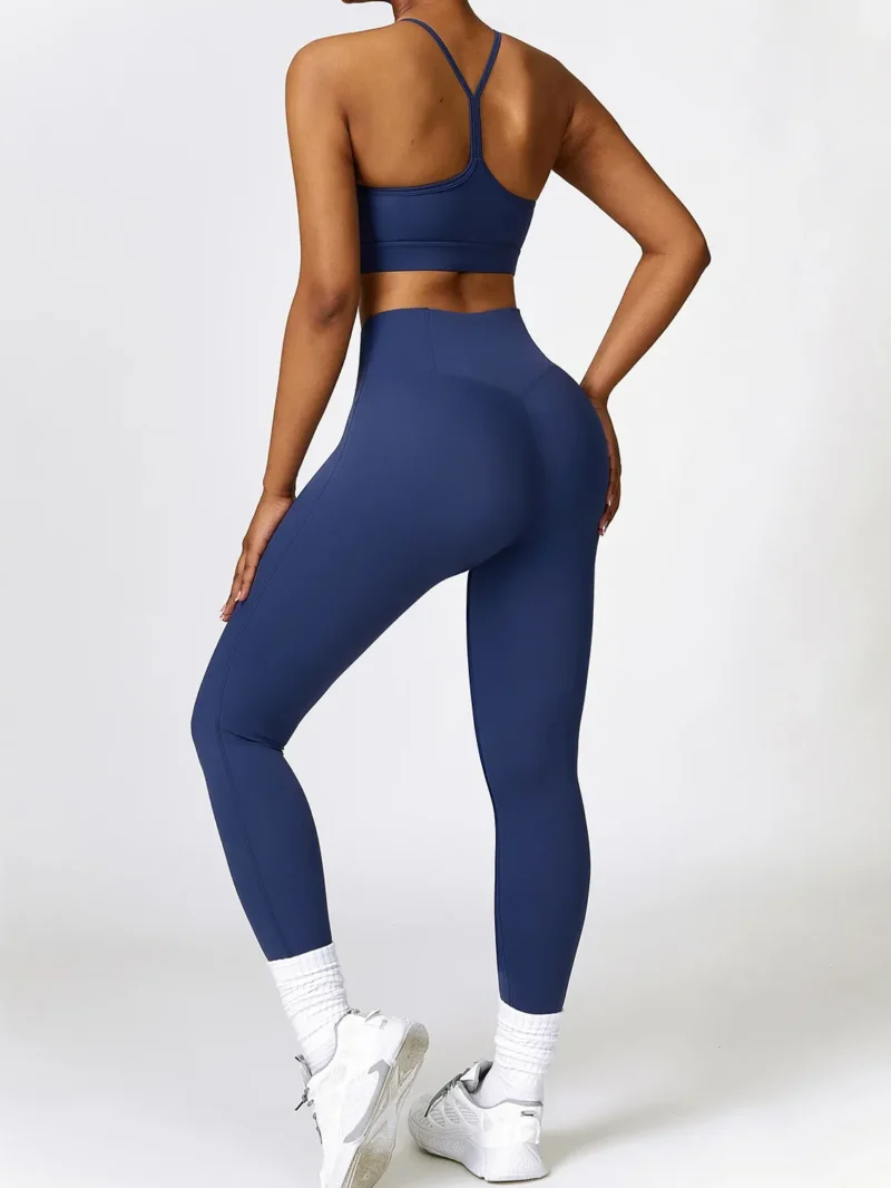 Look and Feel Your Best with Our Slim Strap Racerback Sports Bra and High-Waist Elastic Athletic Leggings Set! Perfect for Yoga, Running, and Gym Workouts.