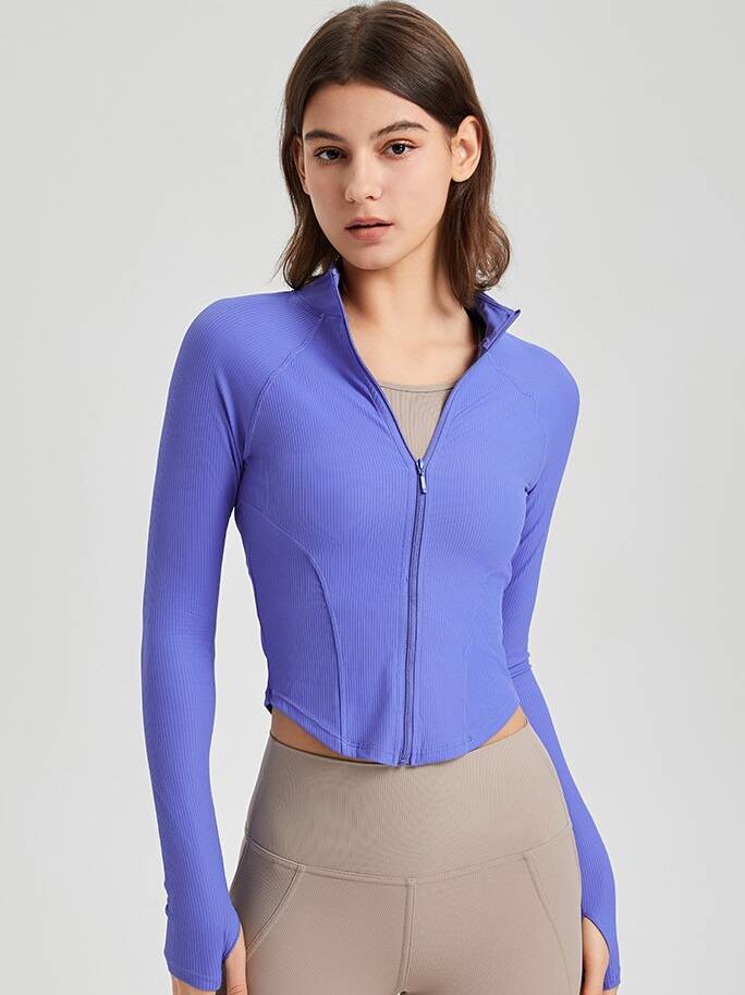 Luxurious Zippered Stretchy Cropped Yoga Jacket with Thumb Holes - Feel the Comfort and Freedom of Movement