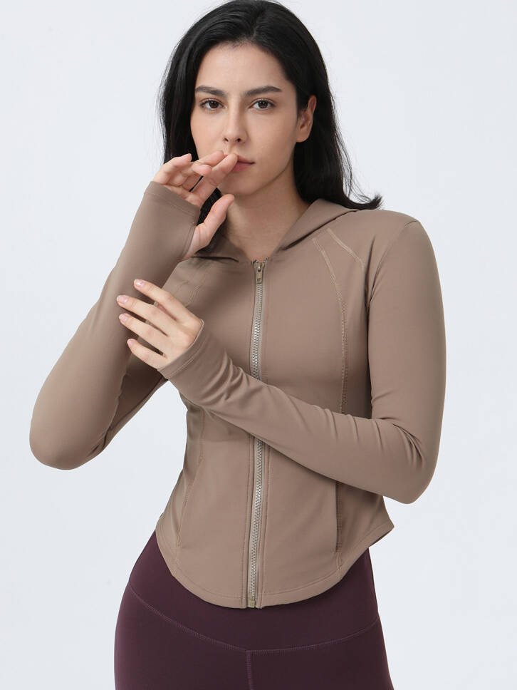 Women's Zipper Sports Jacket with Thumb Holes & Pockets