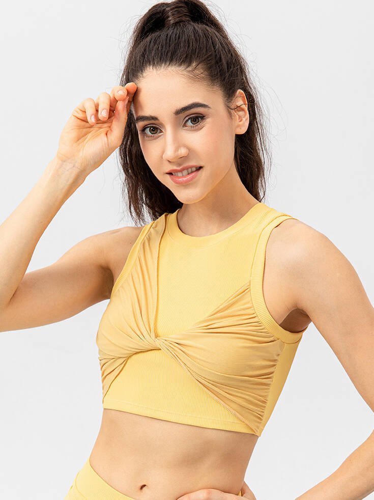 Sexy Twisted Front Round Neck Yoga Crop Top | Womens Sassy Workout Tank | Flattering Stretchy Fitness Top