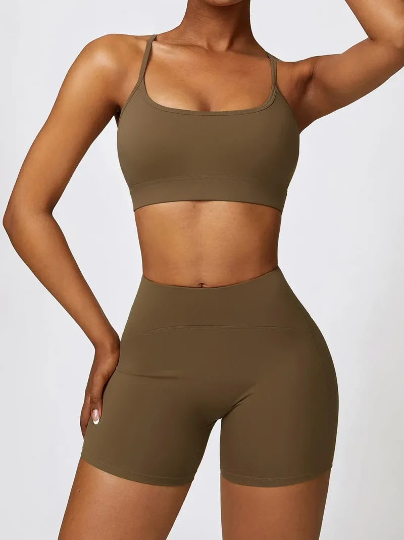 Slim, Strappy Racerback Sports Bra and High-Waist Elastic Athletic Shorts Set - Perfect for Your Hot Workouts!