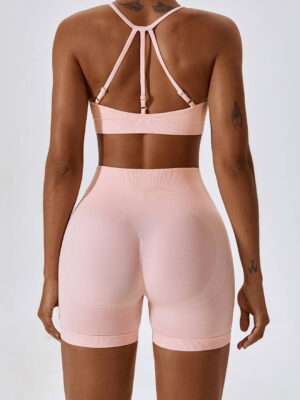 Sporty Style High-Neck Strappy Bra & High-Waist Scrunchy Booty Shorts Set - Perfect for Working Out or Lounging Around!
