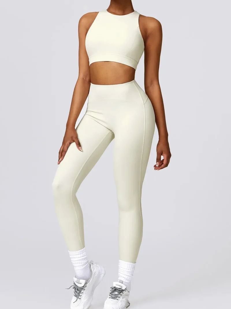 Stay Active in Style! Womens Racerback Cut-Out Athletic Bra & High-Waist Elastic Leggings Set